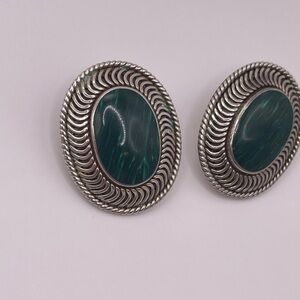 Vintage Taxco Mexico 925 Silver Clip On Earrings Green Malachite Oval